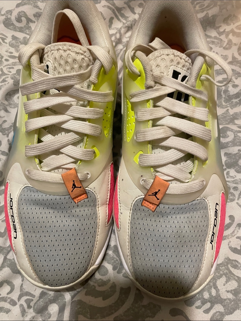 Jordan Kids' White, Gray & Neon Yellow Sneakers with Pink Accents